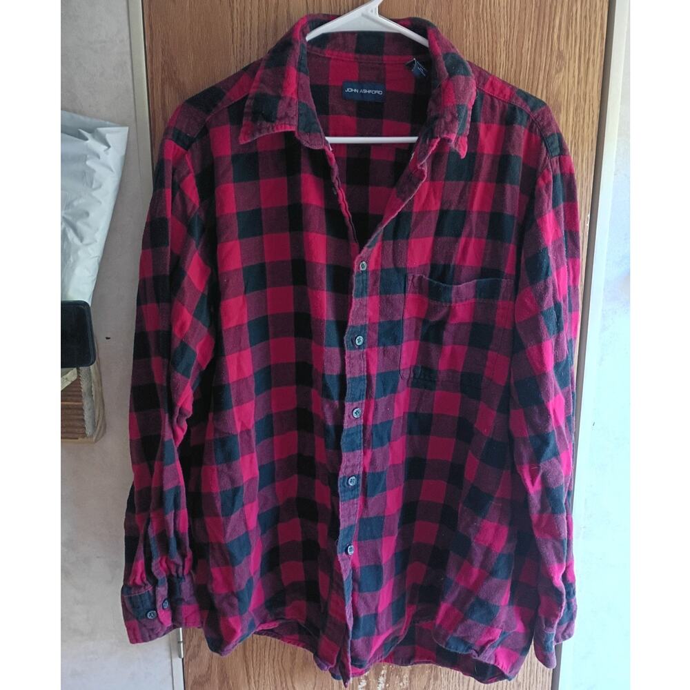Vintage Y2K John Ashford Men's XL Red Black Buffalo Plaid Flannel 100 Cotton